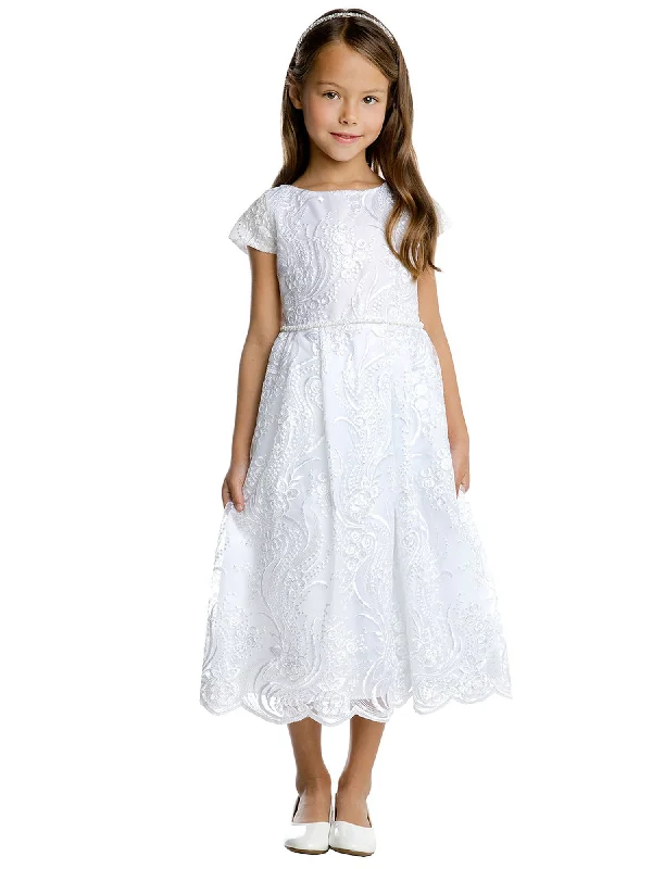 Girls Sequin Lace Dress with Pleated Skirt and Petite Pearl Waist Trim, Sizes 2-16 Sequin Gown Party