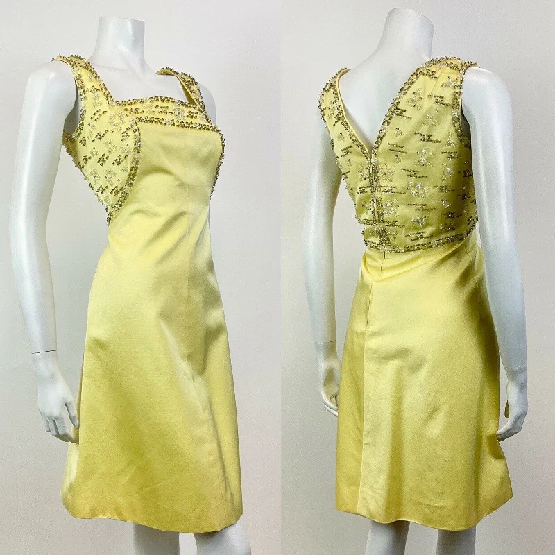 VINTAGE 60s 70s PALE YELLOW GREY BEADED SEQUIN FLORAL PARTY SLEEVELESS DRESS 10 Off-shoulder Sequin