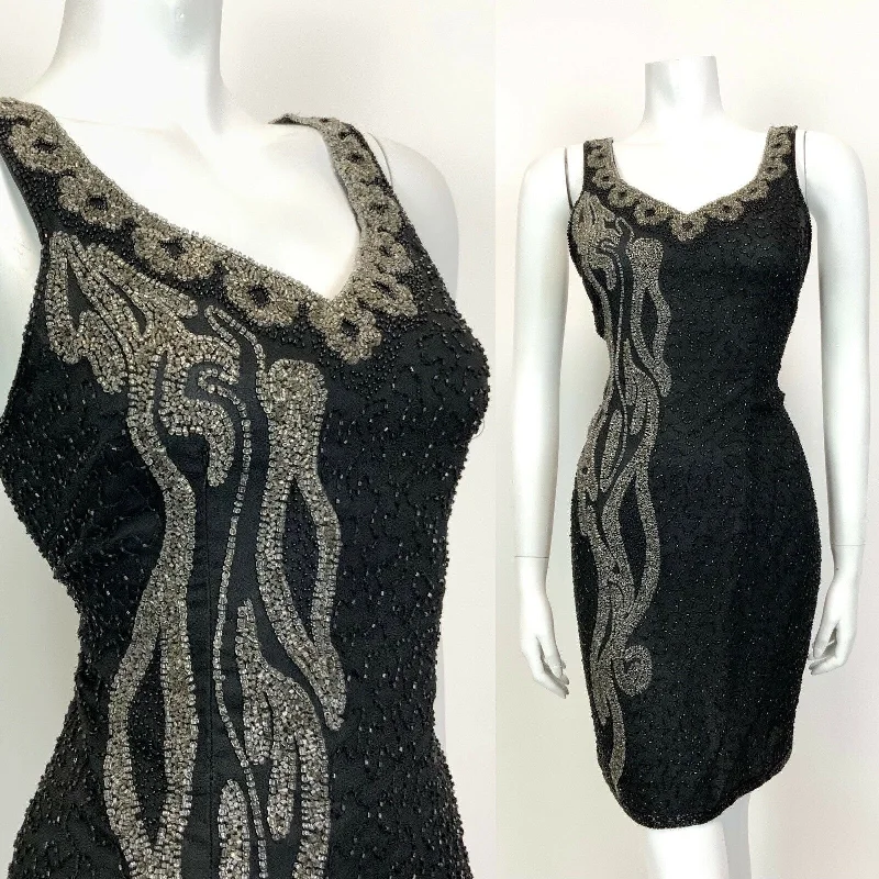 VINTAGE 70s 80s BLACK GREY SILVER BEADED SEQUIN STUDIO 54 GLAM PARTY DRESS 12 Modern Sequin Gown