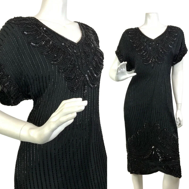 VINTAGE 70s 80s BLACK SEQUIN BEADED FLAPPER STYLE DISCO GLAM PARTY DRESS 14 Vintage Sequin Dress