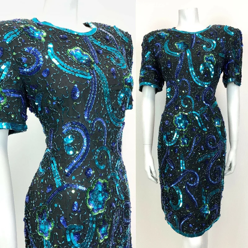 VTG 70s 80s BLACK BLUE GREEN VINE FLORAL SEQUIN DISCO STUDIO 54 PARTY DRESS 14 Elegant Sequin Dress