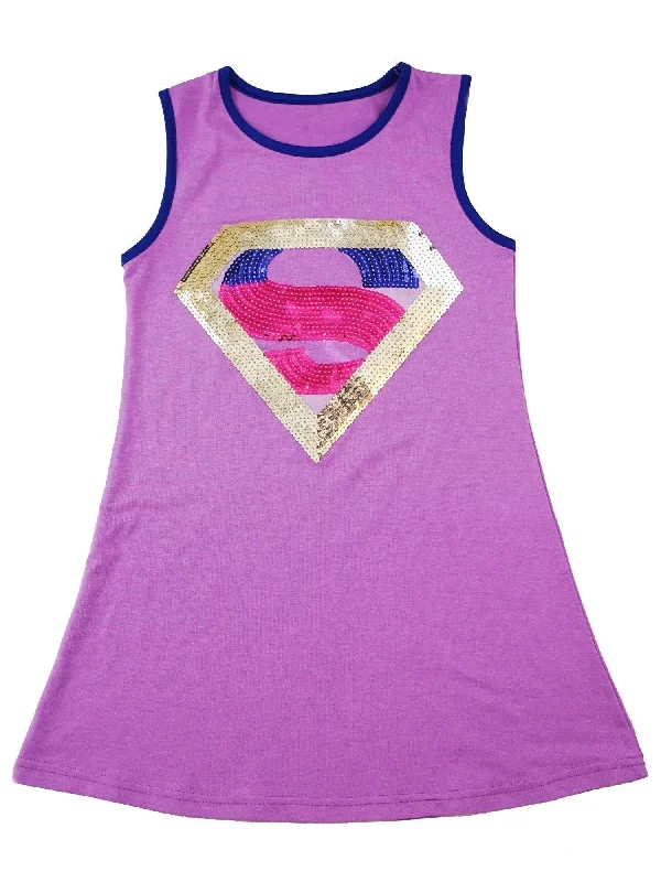 Girls Purple Glitter Sequin Super Girl Applique Cotton Dress 9M-8 Sequin Dress Look