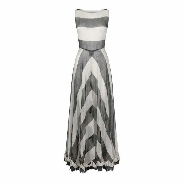 1930s Monochrome Chevron Pattern Tulle Dress Soft Tulle Dress