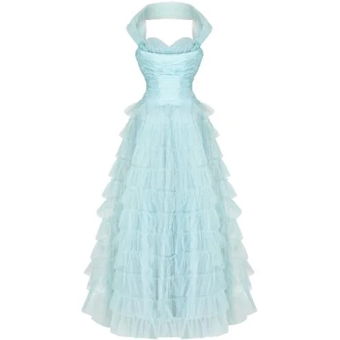 1950s Ruffle Turquoise Layered Tulle Net Halterneck Dress Boho Tulle Dress