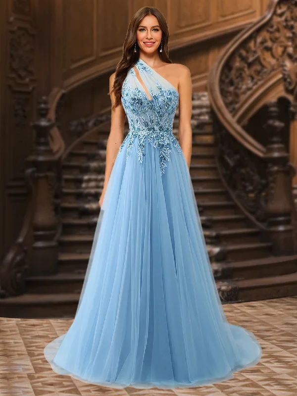 A-Line/Princess One-Shoulder Sleeveless Tulle Evening Dresses with Appliques Tulle Bodycon Dress