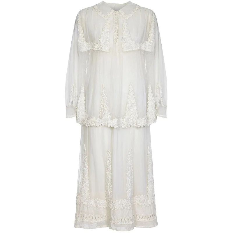 Antique 1910s Ivory Tulle Dress with Ballet Russe Style Knotted Tunic Bohemian Tulle Dress