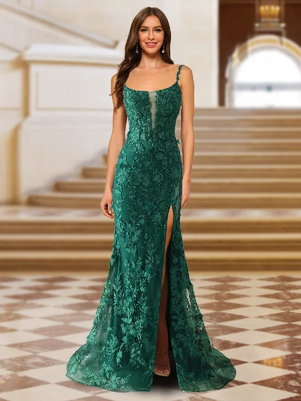 Trumpet/Mermaid Spaghetti Straps Tulle Long Evening Dresses with Side Slit & Appliques Tulle Dress Shine