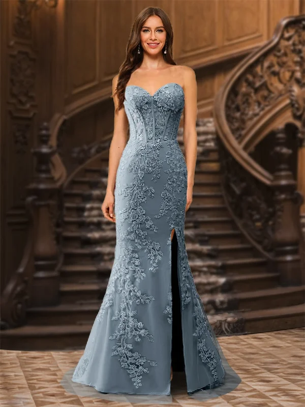 Trumpet/Mermaid Sweetheart Pleated Tulle Long Evening Dresses with Side Slit & Appliques Glitter Tulle Dress