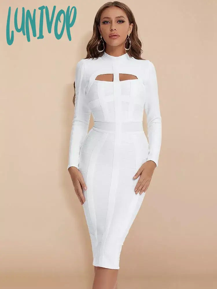 Lunivop New Fashion Women White Bodycon Bandage Dress Long Sleeve Sexy Hollow Out Night Club Celebrity Evening Party Prom Vestidos Off-shoulder Bodycon