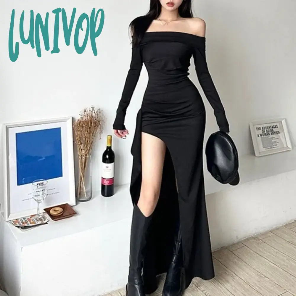 Lunivop Sexy Ruched Slash Neck Vestidos Mujer Y2k E-Girl Long Sleeve Black Dress for Women Mid-length Bodycon Split Knitted Dresses All-black Bodycon Dress