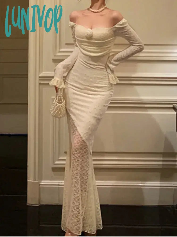 Lunivop Sexy Solid Lace Long Dresses For Women Off Shoulder Bodycon Mermaid Autumn Spring Birthday Evening Party Prom Robe Vestidos New Bodycon Dress Chic