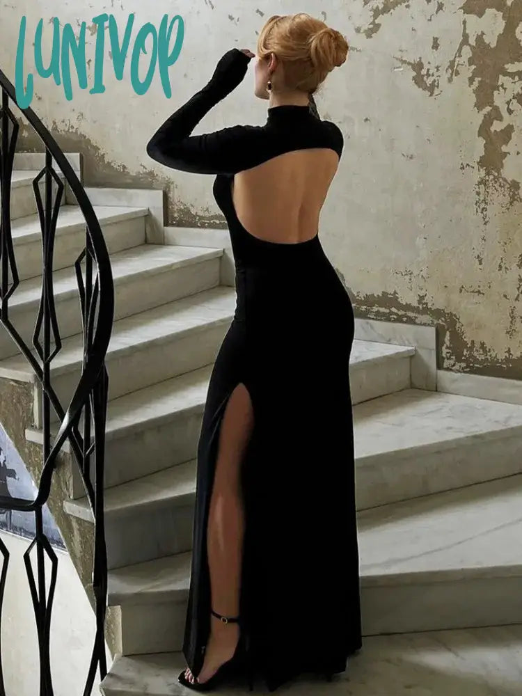 Lunivop Side Slit Back Dress Women Sexy Backless Temperament Long Sleeve Dresses Lady Party Elegant Bodycon Evening Dress Woman Chic Bodycon Gown