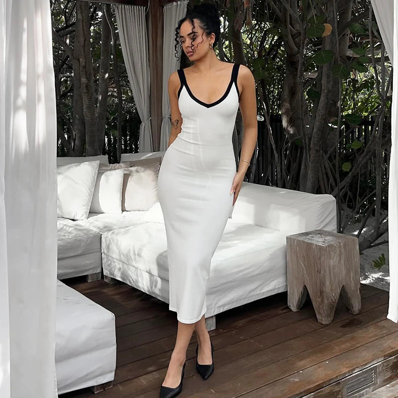 Lunivop Simple Block Color Spaghetti Strap Bodycon Slit Long Women'S Dresses Summer Elegant Y2K Streetwear 2024 Casual Clothing Sexy Midi Bodycon