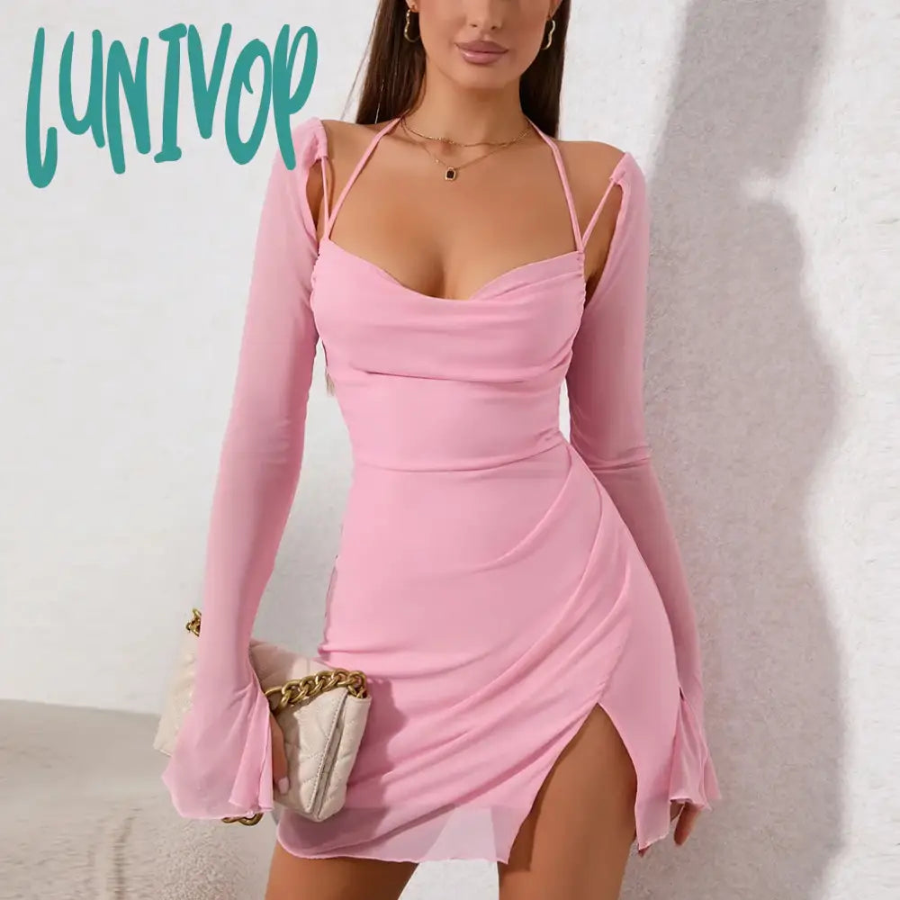 Lunivop Summer Bodycon Long Sleeve Mesh Dress Elegant Casual Halter Holiday Party Dresses Lined Flare Sleeve Dress Women Short Bodycon Dress