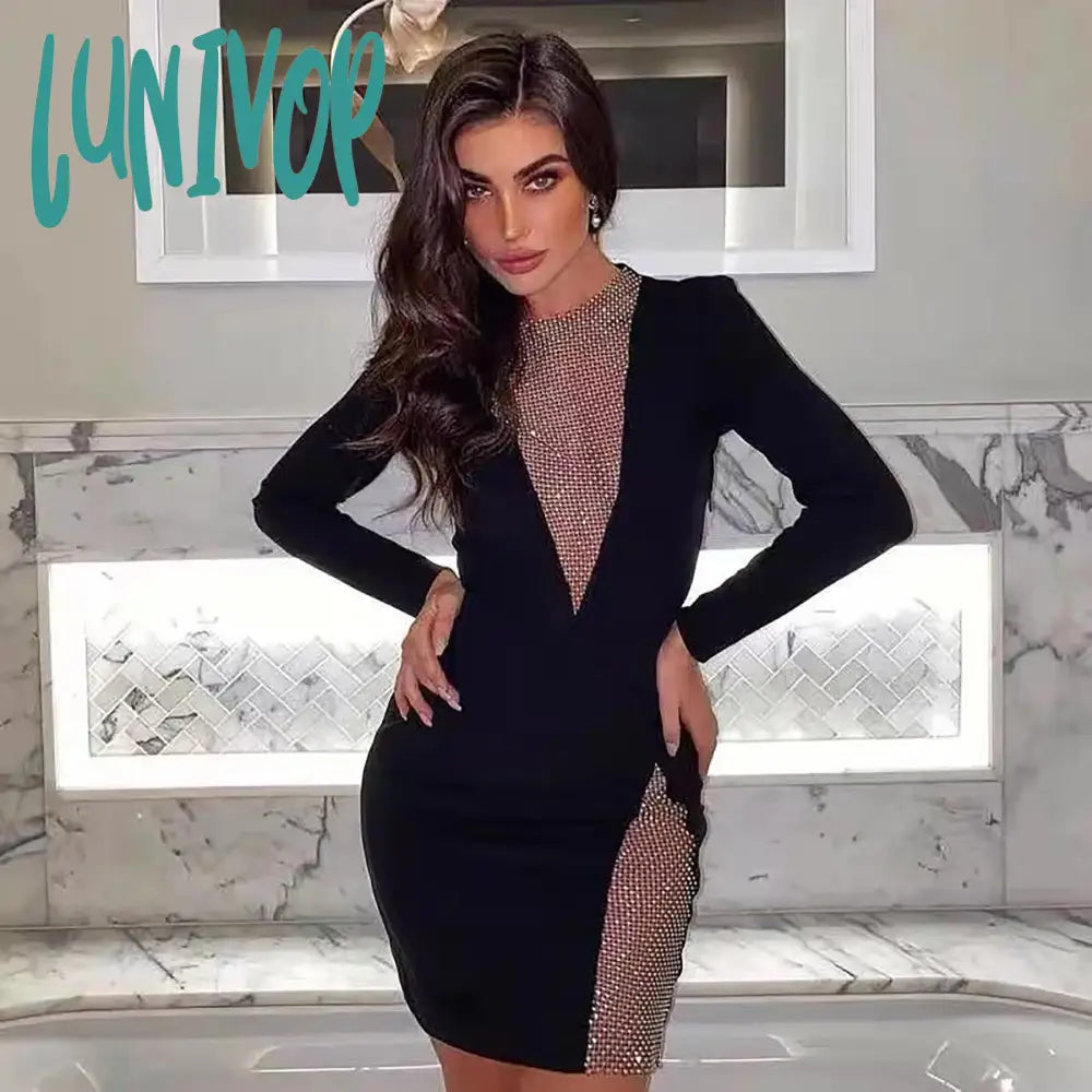 Lunivop  Summer New Women Sexy V-Neck Mesh Diamond Long Sleeve Bodycon Bandage Dress Fashion Evening Club Party Dresses Vestido Robe Sexy Mini Bodycon