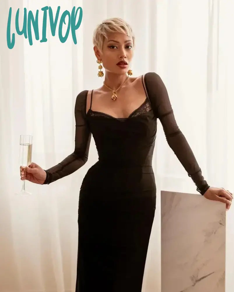 Lunivop Winter Black Formal Occasion Dresses Elegant and Beautiful Long Sleeve Bodycon Party Evening Dresses Long Vestidos Bodycon Evening Dress