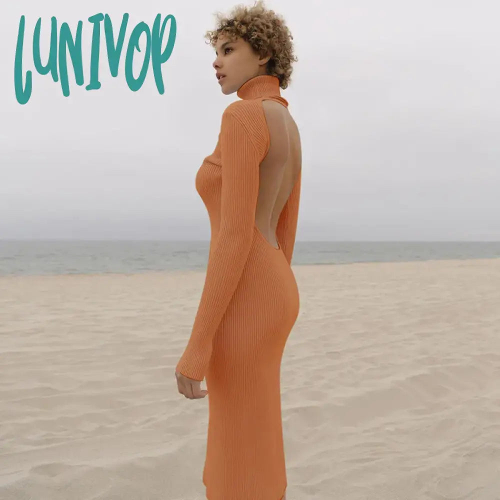 Lunivop Women Backless Hollow Out Casual Solid Dress Club Party Elegant Autumn Bodycon Streetwear Sexy Long Sleeve Dress Bodycon Midi Dress