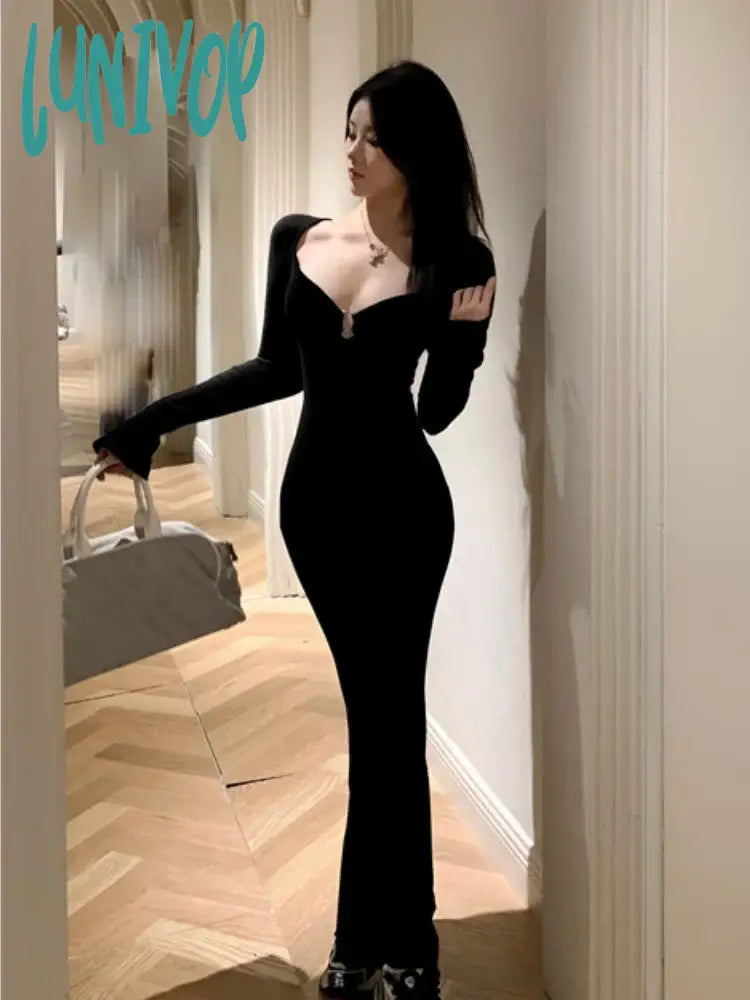 Lunivop Women Sexy Bodycon Party Club Long Dress Spring Autumn Fashion Solid One Piece Robe Streetwear Female Elegant Pencil Dresses Bodycon Dress Style