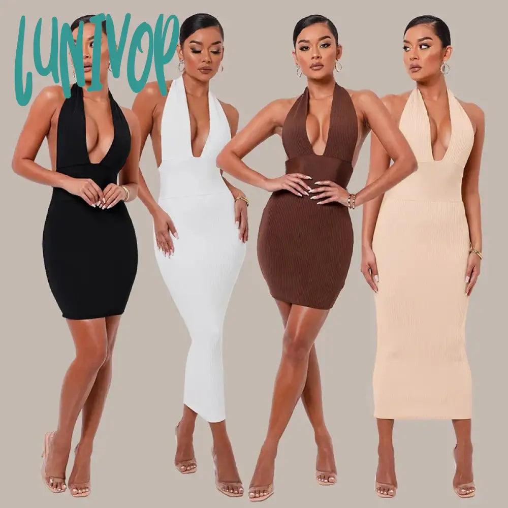 Lunivop Women's Dress Solid Color Ribbed Knit Striped Halter Mid-length Dress Halter Stitching Tight Sexy Party Elegant Club Summer Club Elegant Bodycon Dress