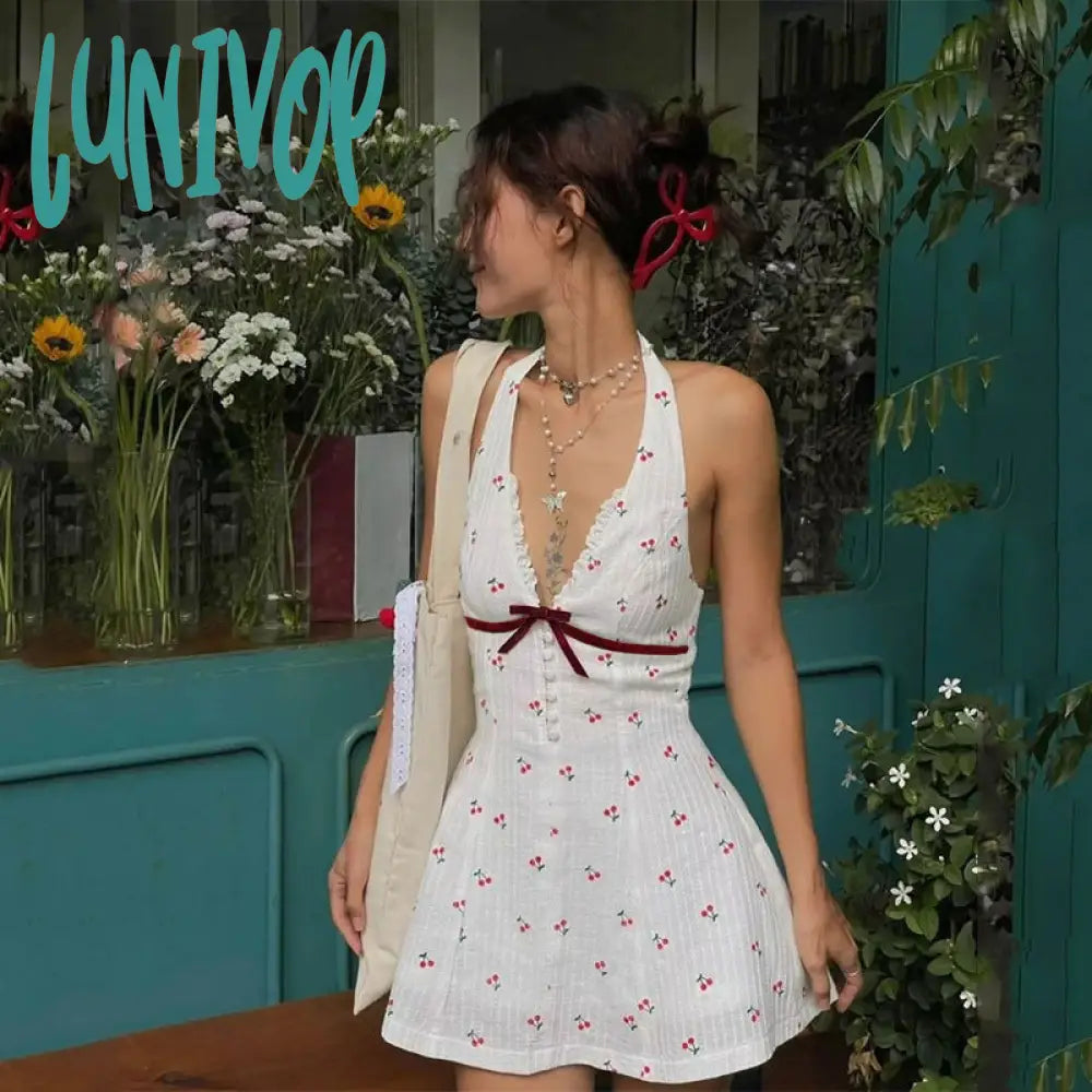 Lunivop summer outfits inspo INS Style 2024 Summer New Sweet and Spicy Deep V Breasted Backless Cherry Print Waist-Tight Halter Dress Women High Neck Bodycon