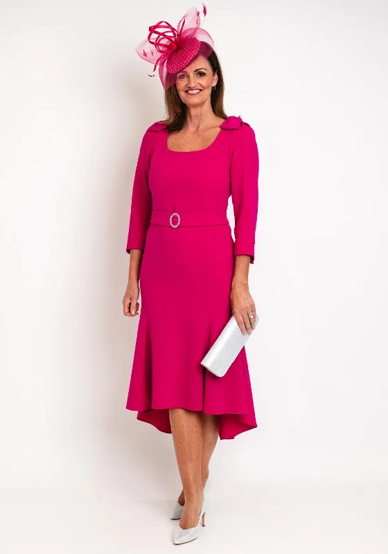 Claudia C Maxima Embellished Belted Wasit Midi Dress, Fuchsia Fashion Midi Skirt