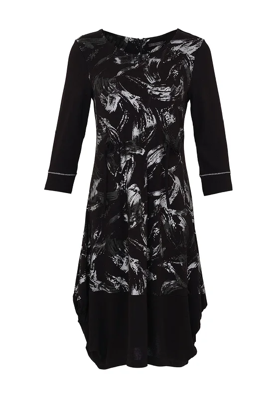 Dolcezza Brush Stroke Print Tie Waist Midi Dress, Black Bodycon Midi Skirt