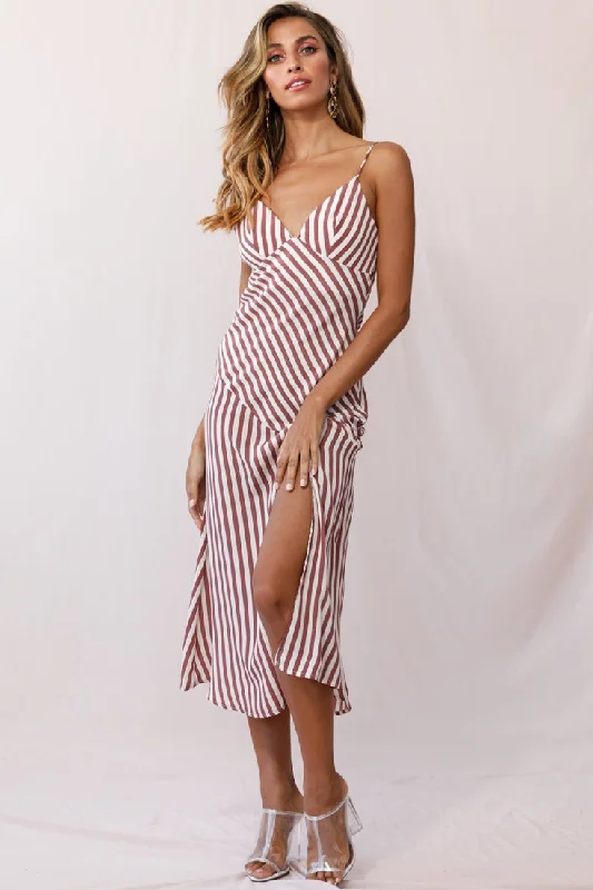 Downtown Cami Strap Front Split Midi Dress Stripe Print Rose Chic Midi Skirt