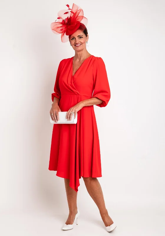 Ella Boo Seamed Faux Wrap Midi Dress, Red Ribbed Midi Skirt