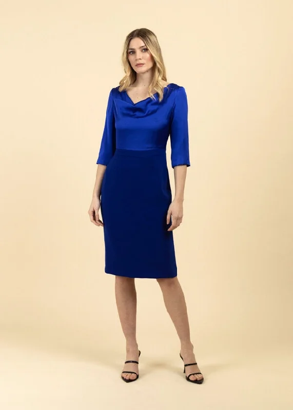 Fee G Sylvie Drape Neck Contrasting Pencil Midi Dress, Blue Midi Skirt Trendy