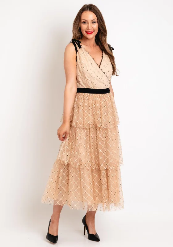 Fee G Beaded Mesh Tiered Midi Dress, Nude Midi Skirt Blouse