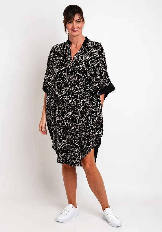 Natalia Collection One Size Embroider Floral Printed Midi Shirt Dress, Black Button Midi Skirt