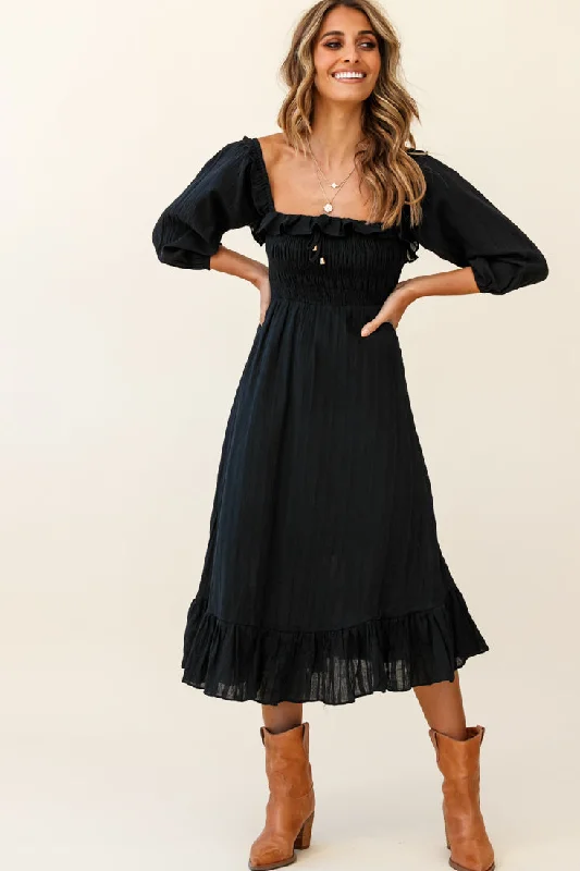 Flynn Off-Shoulder Shirred Bust Midi Dress Black Classic A-line Skirt