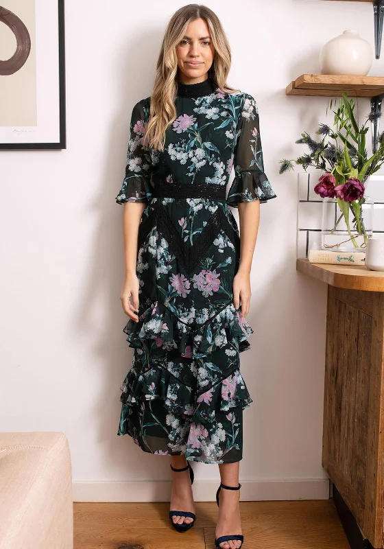 Hope & Ivy Ellen Ruffle Skirt Floral Midi Dress, Green and Pink Midi Skirt Set