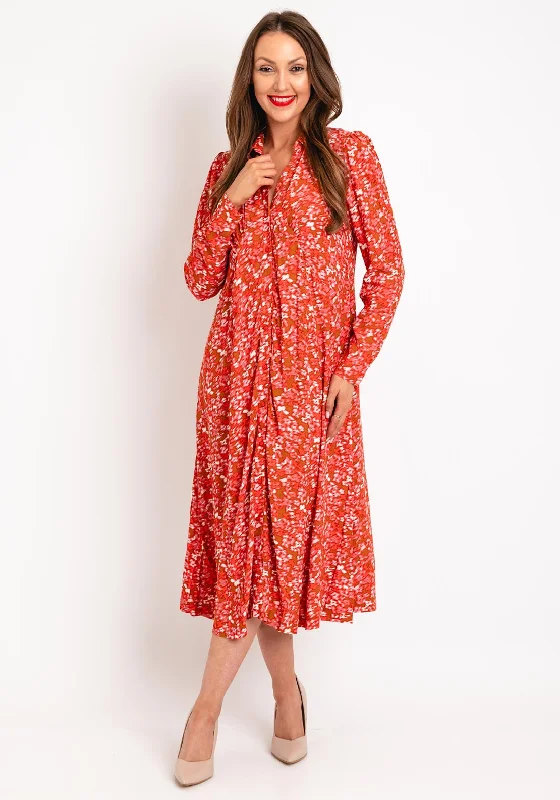 Ichi Petal Print A-line Midi Shirt Dress, Orange Button Midi Skirt