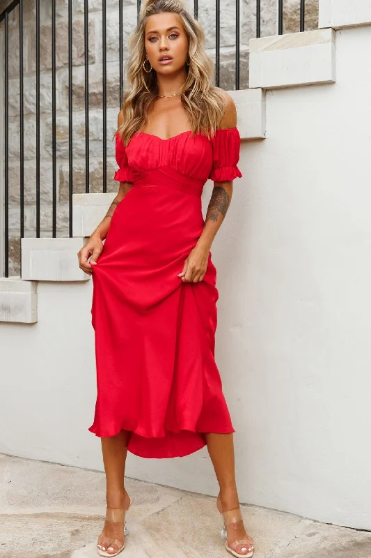 Linka Off-Shoulder Tie Back Midi Dress Red Ruffled Floral Skirt