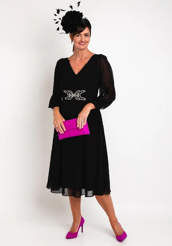 Lizabella Sheer Sleeve Embellished Waist Midi Dress, Black Long Midi Skirt