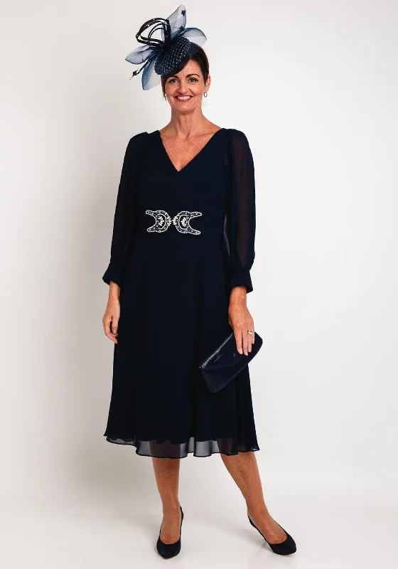 Lizabella Sheer Sleeve Embellished Waist Midi Dress, Navy Knit Midi Skirt