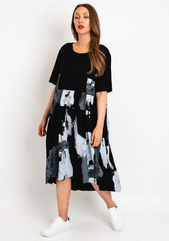 Natalia Collection One Size Drawstring Back Faded Print Midi Dress, Black Bright Midi Skirt