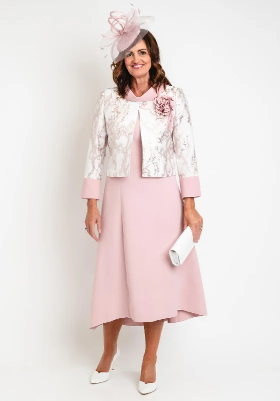 Ophelia Melita Embossed Overlayer Jacket and Midi Dress Set, Blush Pink Pleated Midi Skirt