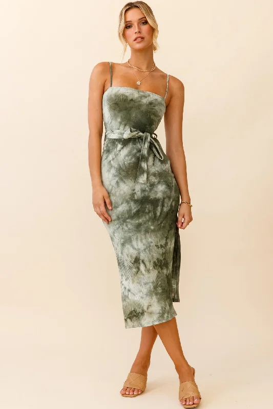 Serenade Me Square Neckline Side Split Midi Dress Tie Dye Olive Pleated Midi Skirt