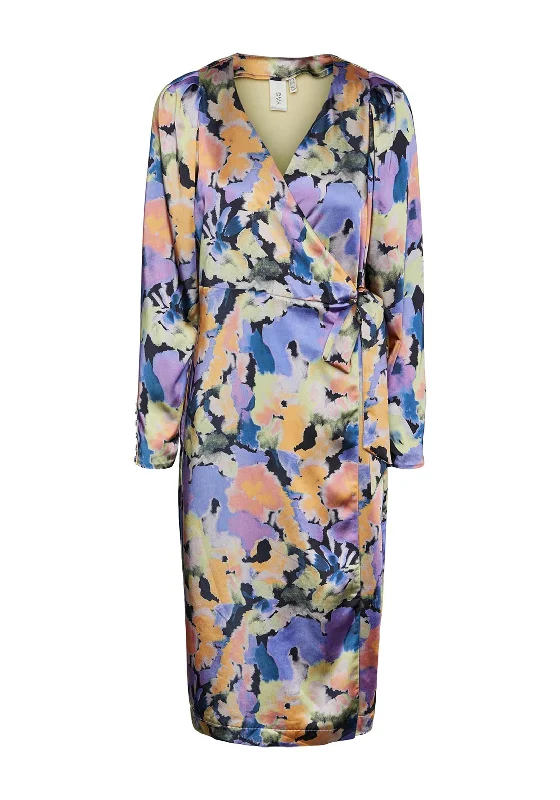 Y.A.S Watercolour Inspired Satin Wrap Midi Dress, Multi Elegant Midi Dress