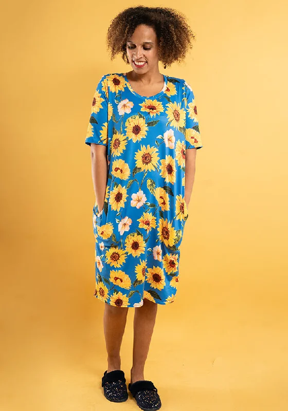 Carina Blue Sunflowers Print Nightshirt Silk Shirt Dress