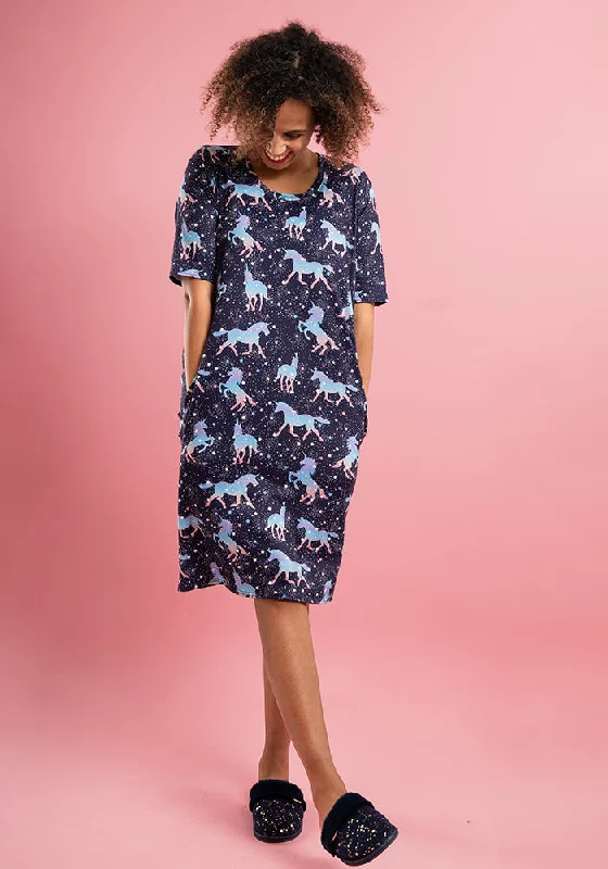 Carina Unicorn & Star Print Nightshirt Office Shirt Dress