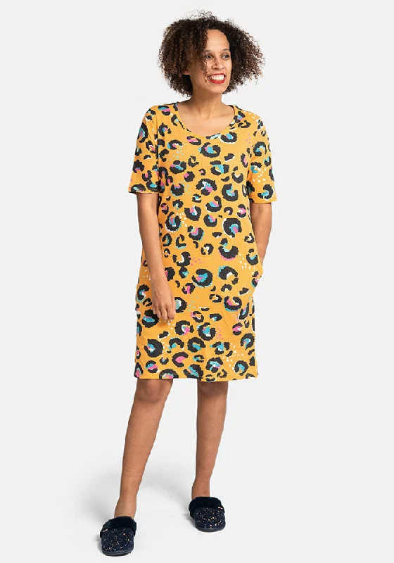 Mustard Animal Print Cotton Nightshirt Boho Shirt Dress