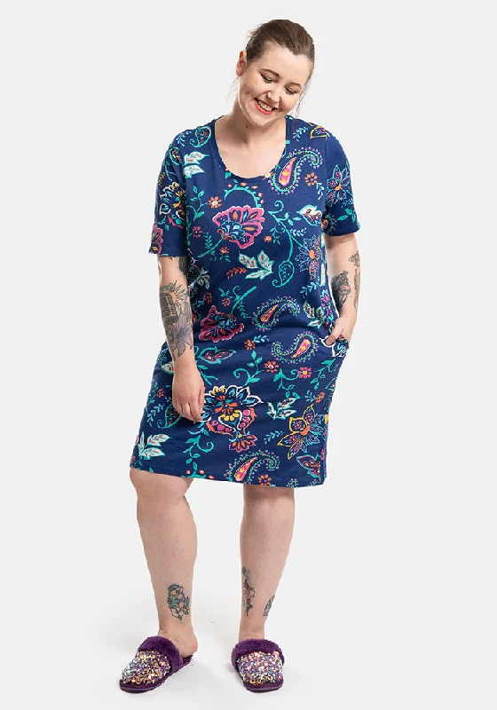 Navy Paisley Print Cotton Nightshirt Blue Shirt Dress