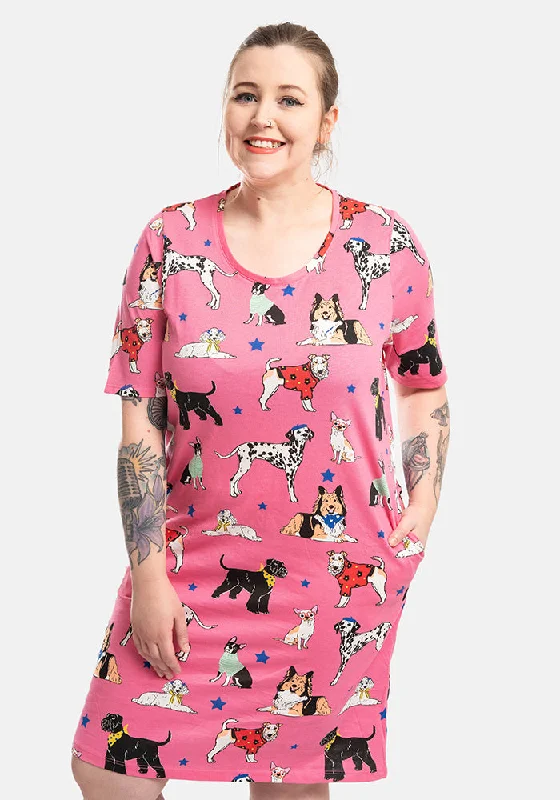 Pink Posh Pooch Print Cotton Nightshirt Relaxed Shirt Dress