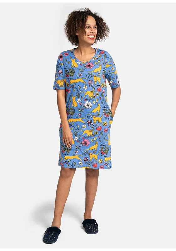 Teal Garden Cat Print Cotton Nightshirt Shirt Dress Fashion