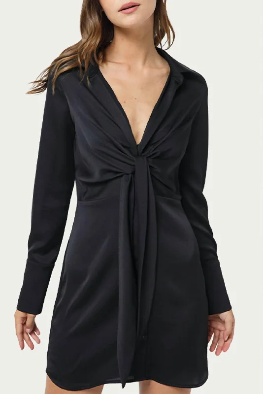 Tie-Front Satin Shirt Dress in Black Stretch Shirt Dress