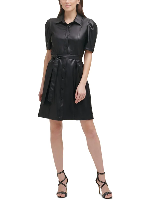 Womens Faux Leather Knee Shirtdress Shirt Dress Outfit