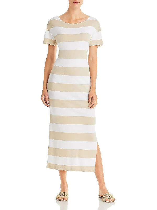 Womens Striped Tea-Length T-Shirt Dress Sleeveless Shirt Dress